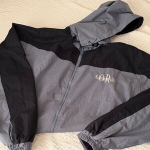 Gray and Black Hooded Jacket with Multnomah Falls Logo